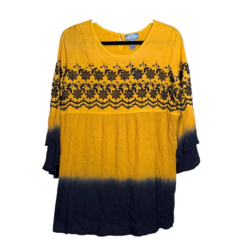 Studio West NWT Embroidered Boho Tunic Top Mustard Navy Ombre Bell Sleeve L